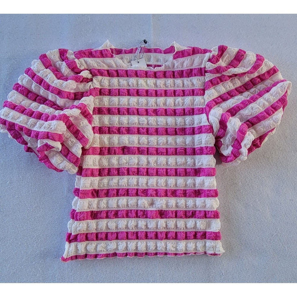 Kaktus Women's Tops Striped Puff Sleeve Top Color: Pink/White Size: M NWT